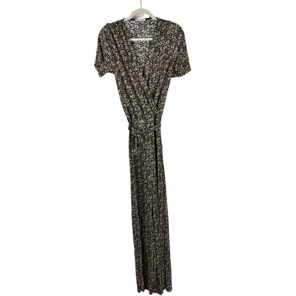 Zara Black & Yellow Floral Printed Crinkle Wide Leg Belted Jumpsuit Size Small - Picture 2 of 14